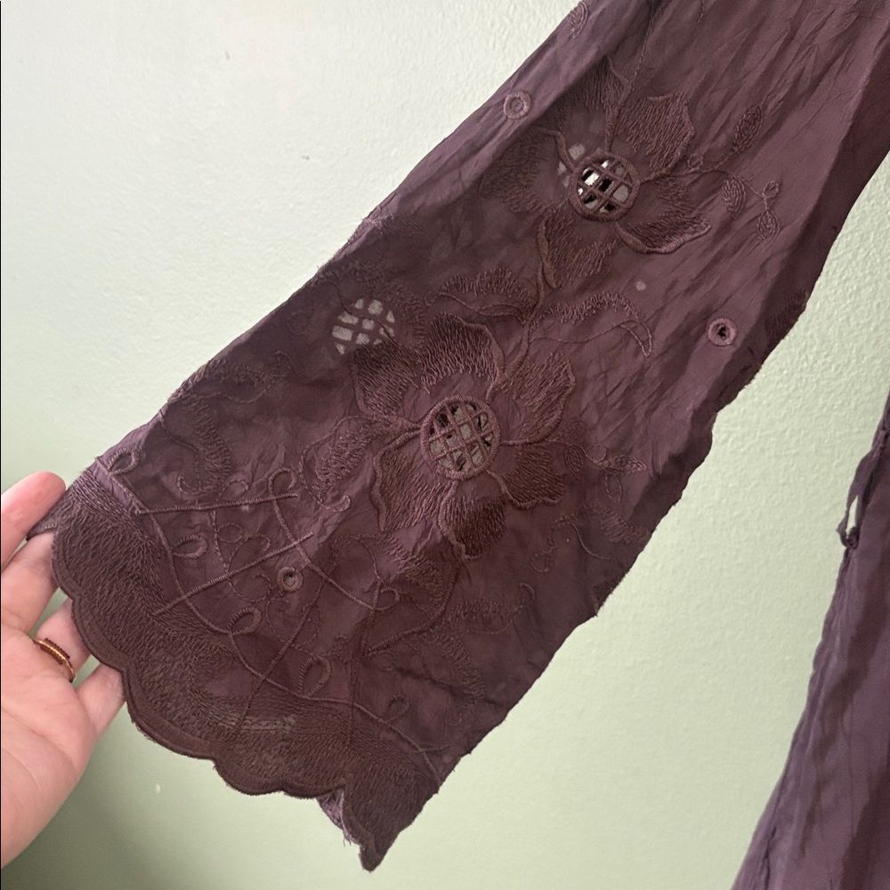 J. Jill Chocolate Brown Embroidered Eyelet Floral Button Down Shirt Dress Sz L - Picture 3 of 6